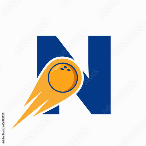 Letter N Bowling Logo. Bowling Ball Symbol With Red Moving Ball Icon