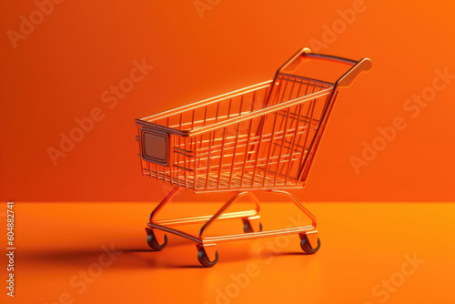 Digital Commerce Artistry: Geometric Illustration of a Shopping Cart Pattern on Vibrant Orange Background, Symbolizing E-commerce and Online Shopping. Generative AI