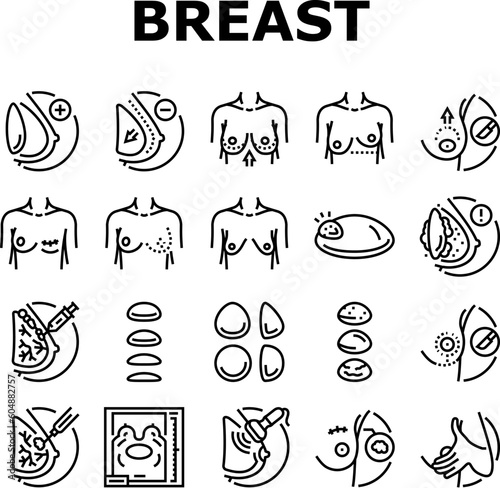 breast surgery body woman plastic icons set vector. beauty implant, medical skin, cosmetic female, health augmentation, chest silicone breast surgery body woman plastic black contour illustrations