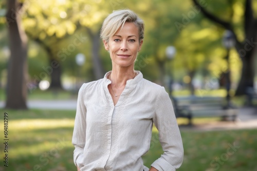 Lifestyle portrait photography of a glad mature woman wearing an elegant long-sleeve shirt against a vibrant city park background. With generative AI technology
