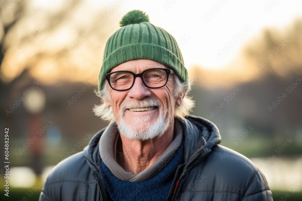 Medium shot portrait photography of a satisfied old man wearing a warm beanie or knit hat against a vibrant city park background. With generative AI technology