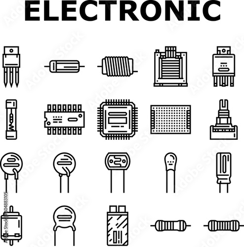 electronic component circuit chip icons set vector. technology computer, hardware microchip, processor electrical, engineering tech, cpu electronic component circuit chip black contour illustrations