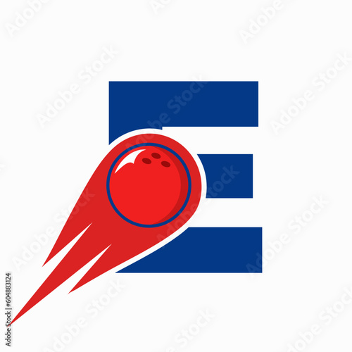 Letter E Bowling Logo. Bowling Ball Symbol With Red Moving Ball Icon