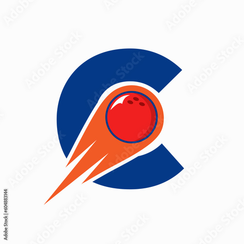 Letter C Bowling Logo. Bowling Ball Symbol With Red Moving Ball Icon