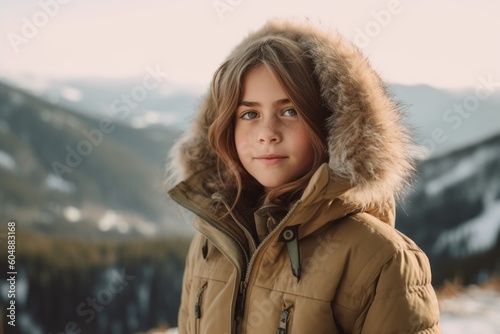 Lifestyle portrait photography of a tender kid female wearing a warm parka against a scenic mountain overlook background. With generative AI technology