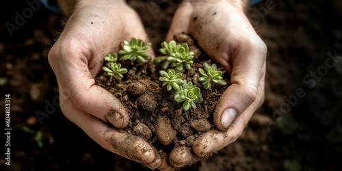 farmer planting vegetable in garden, organic growing, panoramic image. Generative Ai