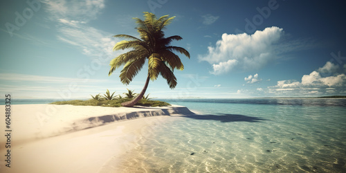Beautiful natural tropical panoramic landscape with white sand and palm tree. Generative Ai © Alexandra