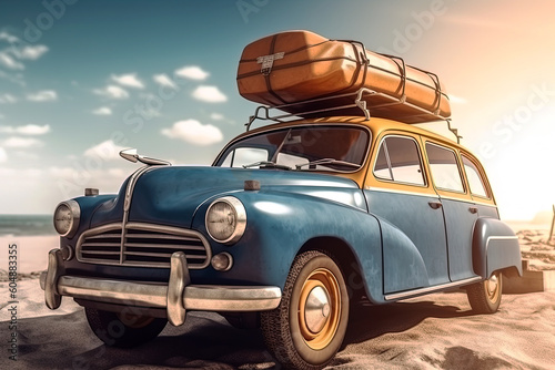 Retro car with luggage on the roof, summertime vacation road trip concept. Generative Ai