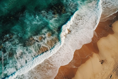 wave lapped on empty sandy beach, summer relax and vacation concept, aerial view. Generative Ai
