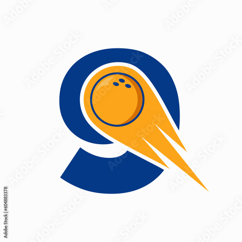 Letter 9 Bowling Logo. Bowling Ball Symbol With Red Moving Ball Icon