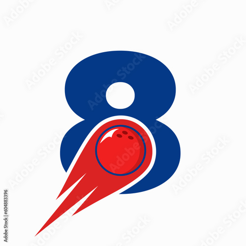 Letter 8 Bowling Logo. Bowling Ball Symbol With Red Moving Ball Icon