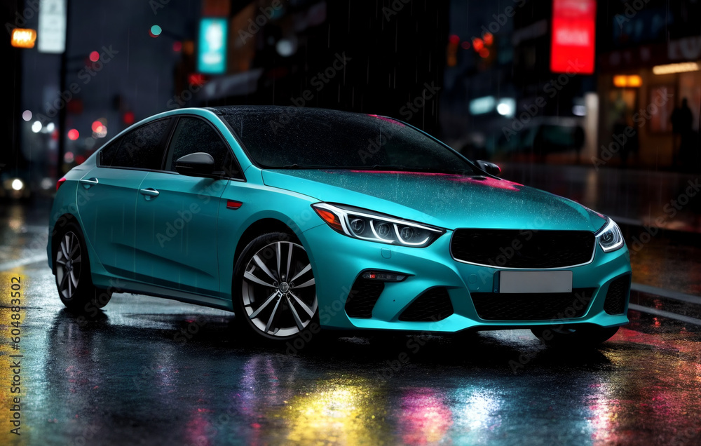 Car in rain. Automobile on city street in rainy weather at night. Generative AI.