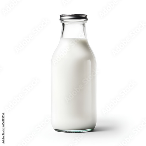 Milk bottle on table with white background.