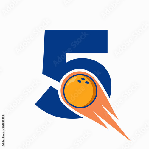 Letter 5 Bowling Logo. Bowling Ball Symbol With Red Moving Ball Icon