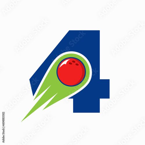 Letter 4 Bowling Logo. Bowling Ball Symbol With Red Moving Ball Icon