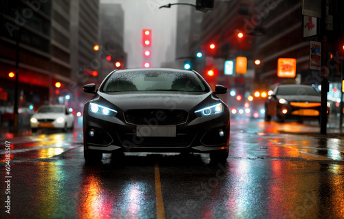 Car in rain. Automobile on city street in rainy weather at night. Generative AI.