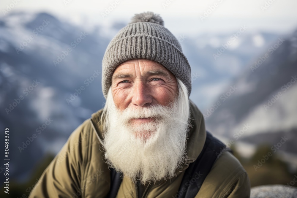 Medium shot portrait photography of a glad old man wearing a warm beanie or knit hat against a scenic mountain overlook background. With generative AI technology Medium shot portrait photography of a glad old man wearing a warm beanie or knit hat against a scenic mountain overlook background. With generative AI technology