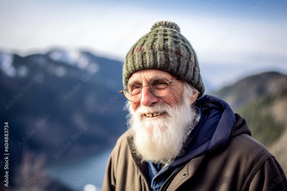 Medium shot portrait photography of a glad old man wearing a warm beanie or knit hat against a scenic mountain overlook background. With generative AI technology Medium shot portrait photography of a glad old man wearing a warm beanie or knit hat against a scenic mountain overlook background. With generative AI technology