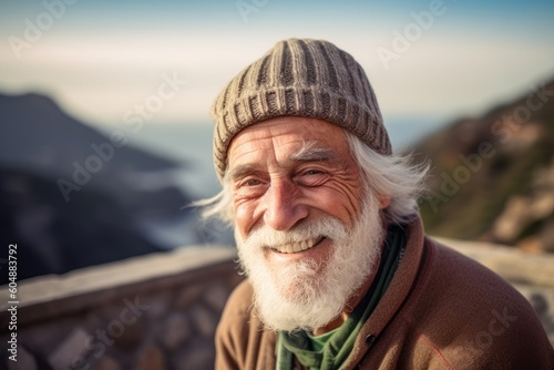 Medium shot portrait photography of a glad old man wearing a warm beanie or knit hat against a scenic mountain overlook background. With generative AI technology