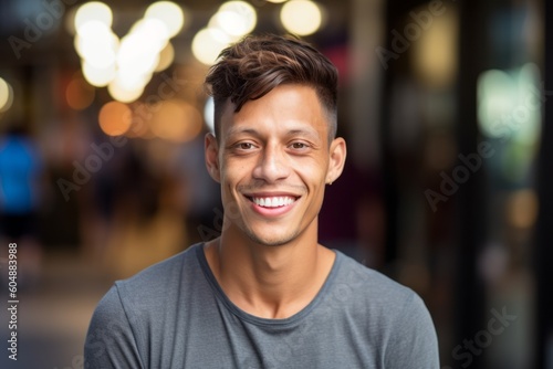 Close-up portrait photography of a grinning boy in his 30s wearing a casual t-shirt against a bustling cafe background. With generative AI technology
