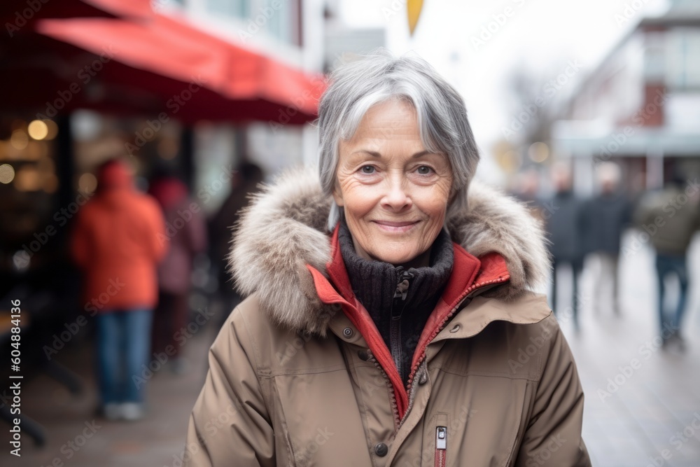 Group portrait photography of a satisfied mature woman wearing a durable parka against a bustling cafe background. With generative AI technology Group portrait photography of a satisfied mature woman wearing a durable parka against a bustling cafe background. With generative AI technology