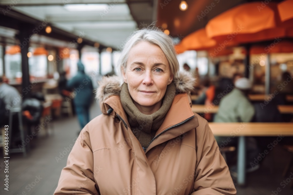 Group portrait photography of a satisfied mature woman wearing a durable parka against a bustling cafe background. With generative AI technology Group portrait photography of a satisfied mature woman wearing a durable parka against a bustling cafe background. With generative AI technology