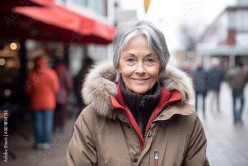 Group portrait photography of a satisfied mature woman wearing a durable parka against a bustling cafe background. With generative AI technology