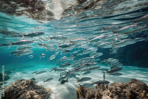 school of fish swimming in crystal-clear waters, created with generative ai