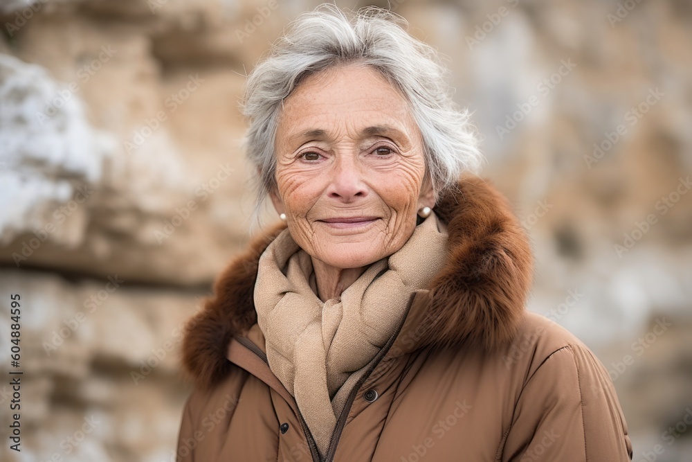 Close-up portrait photography of a satisfied mature woman wearing a cozy winter coat against a serene rock garden background. With generative AI technology Close-up portrait photography of a satisfied mature woman wearing a cozy winter coat against a serene rock garden background. With generative AI technology