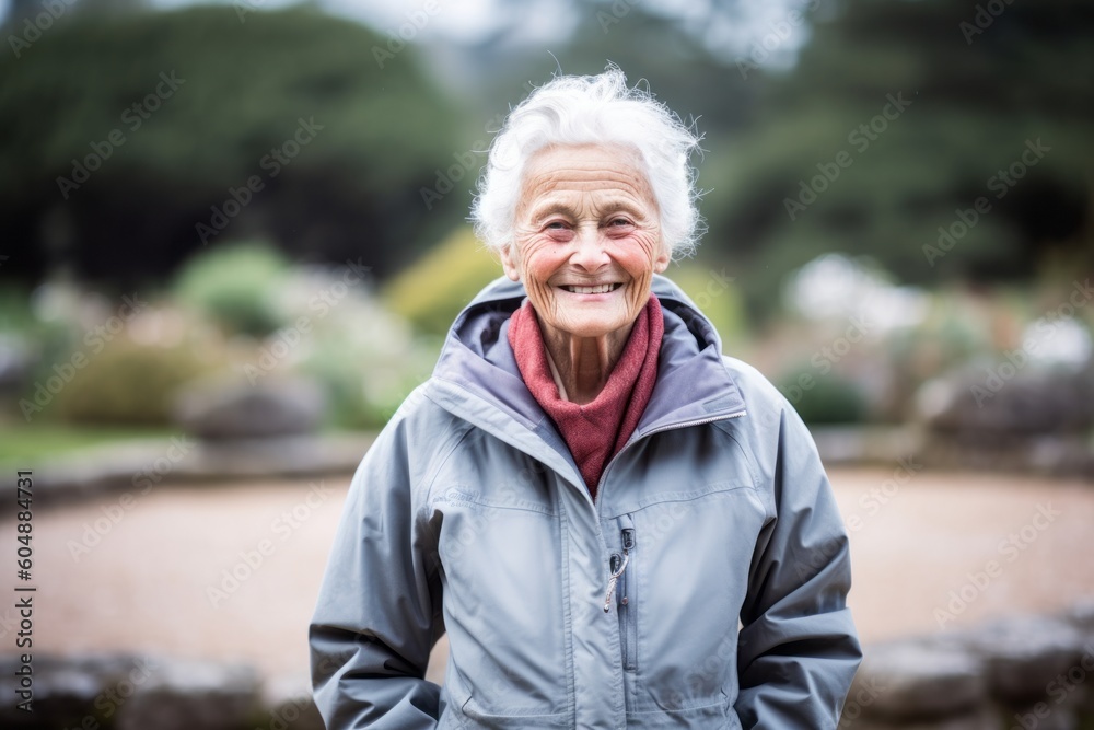 Medium shot portrait photography of a grinning old woman wearing a lightweight windbreaker against a serene rock garden background. With generative AI technology