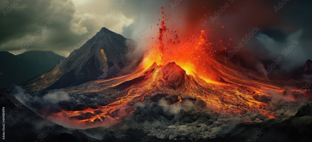 A volcano erupting. Eruption of a volcanic mountain, and red magma spewing out and flowing. Hand edited generative AI. 