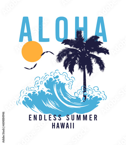 Photography Aloha, Hawaii t-shirt design with waves, palm tree and sun