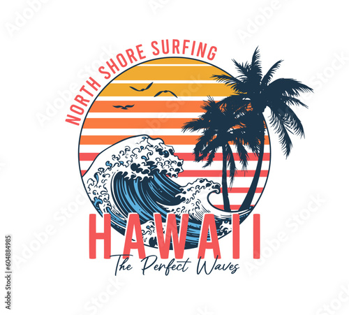 Hawaii, Aloha slogan t-shirt with palm trees and waves. Surfing t shirt graphics with tropical palms, wave and sun. Hawaii apparel print. Vector illustration.