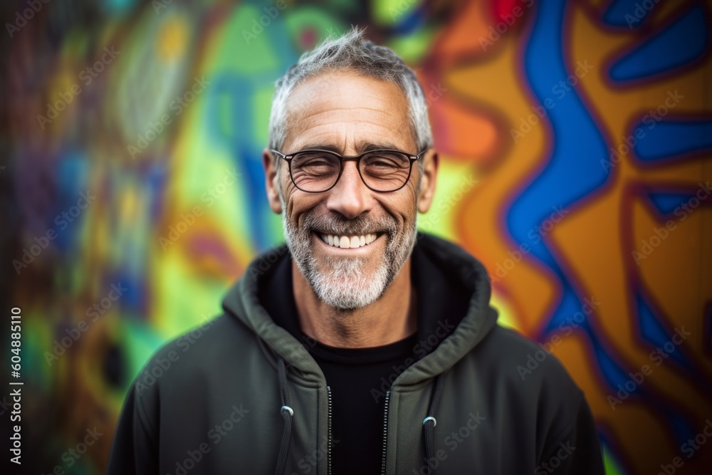 Medium shot portrait photography of a satisfied mature man wearing a stylish hoodie against a vibrant street mural background. With generative AI technology Medium shot portrait photography of a satisfied mature man wearing a stylish hoodie against a vibrant street mural background. With generative AI technology