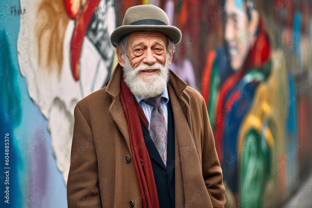 Environmental portrait photography of a happy old man wearing a versatile overcoat against a vibrant street mural background. With generative AI technology Environmental portrait photography of a happy old man wearing a versatile overcoat against a vibrant street mural background. With generative AI technology