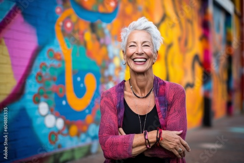 Environmental portrait photography of a grinning mature woman wearing a versatile pair of leggings against a vibrant street mural background. With generative AI technology