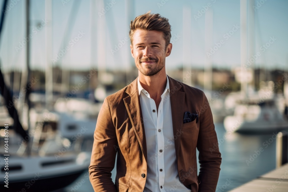 Lifestyle portrait photography of a glad boy in his 30s wearing a classic blazer against a busy marina background. With generative AI technology Lifestyle portrait photography of a glad boy in his 30s wearing a classic blazer against a busy marina background. With generative AI technology