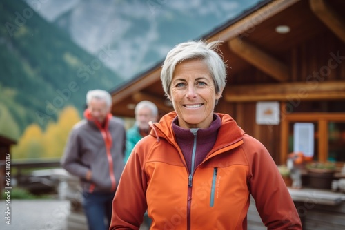 Group portrait photography of a glad mature girl wearing breezy shorts against a cozy mountain lodge background. With generative AI technology