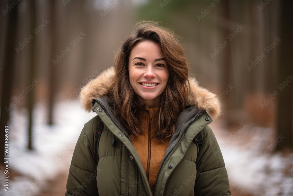 Environmental portrait photography of a glad girl in her 30s wearing a cozy winter coat against a serene nature trail background. With generative AI technology Environmental portrait photography of a glad girl in her 30s wearing a cozy winter coat against a serene nature trail background. With generative AI technology