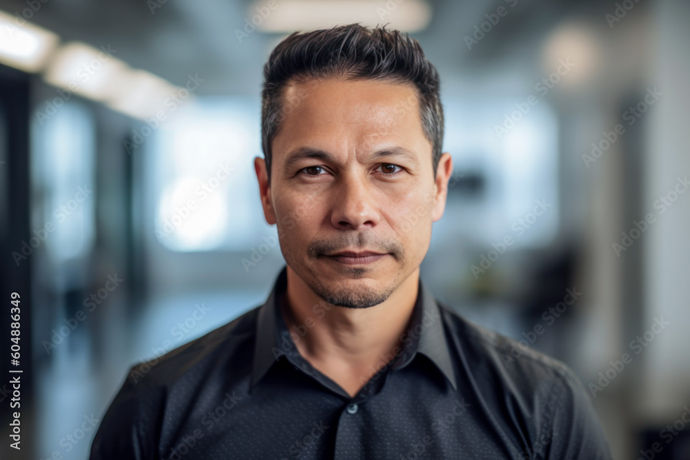 Obraz premium Man in a black shirt standing in an office. Generative AI.