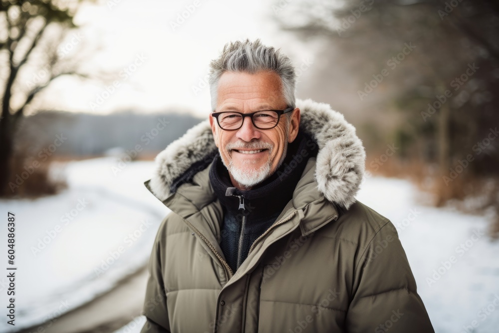 Medium shot portrait photography of a happy mature man wearing a cozy winter coat against a serene nature trail background. With generative AI technology Medium shot portrait photography of a happy mature man wearing a cozy winter coat against a serene nature trail background. With generative AI technology