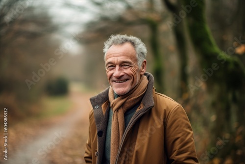 Medium shot portrait photography of a happy mature man wearing a cozy winter coat against a serene nature trail background. With generative AI technology