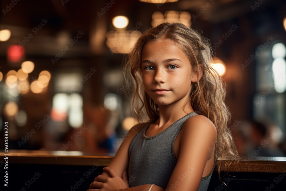 Photography in the style of pensive portraiture of a happy kid female wearing a sporty tank top against a lively pub background. With generative AI technology