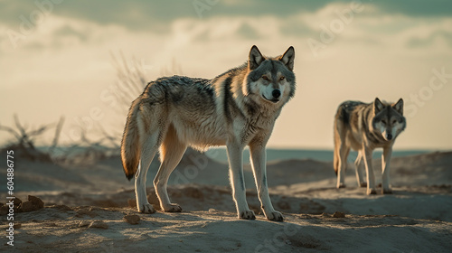Two wolves standing on a hill with the sky in the background © DLC Studio
