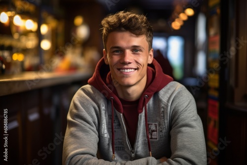 Environmental portrait photography of a grinning boy in his 30s wearing a cozy zip-up hoodie against a lively pub background. With generative AI technology