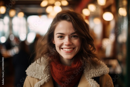 Close-up portrait photography of a joyful mature girl wearing a versatile overcoat against a lively pub background. With generative AI technology