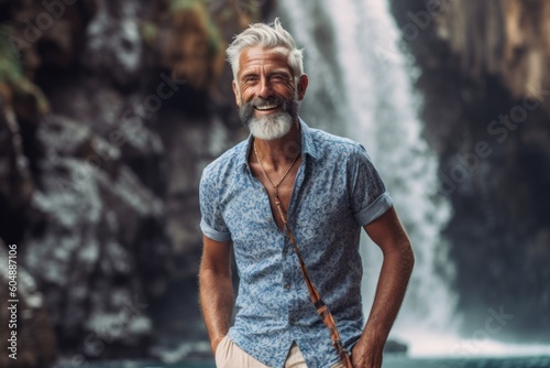 Medium shot portrait photography of a joyful mature man wearing breezy shorts against a picturesque waterfall background. With generative AI technology