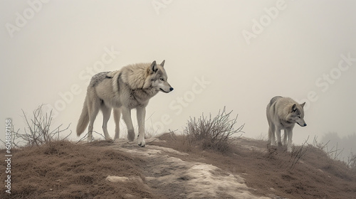 Two wolves standing on a hill with the sky in the background