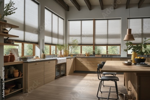 a sunny kitchen, with automated blinds and shades filtering the light and providing privacy, created with generative ai