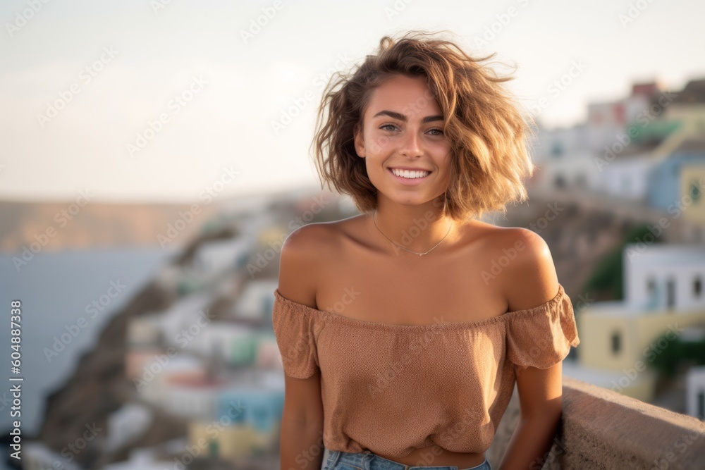 Lifestyle portrait photography of a happy girl in her 30s wearing a cute crop top against a scenic coastal village background. With generative AI technology